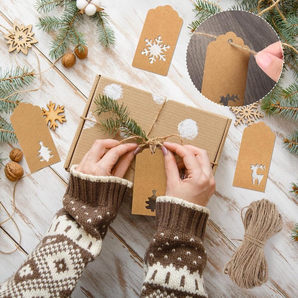 Versatile 150 Piece Kraft Christmas Gift Tags with Reindeer & Snowflake Designs - Picture 6 of 7